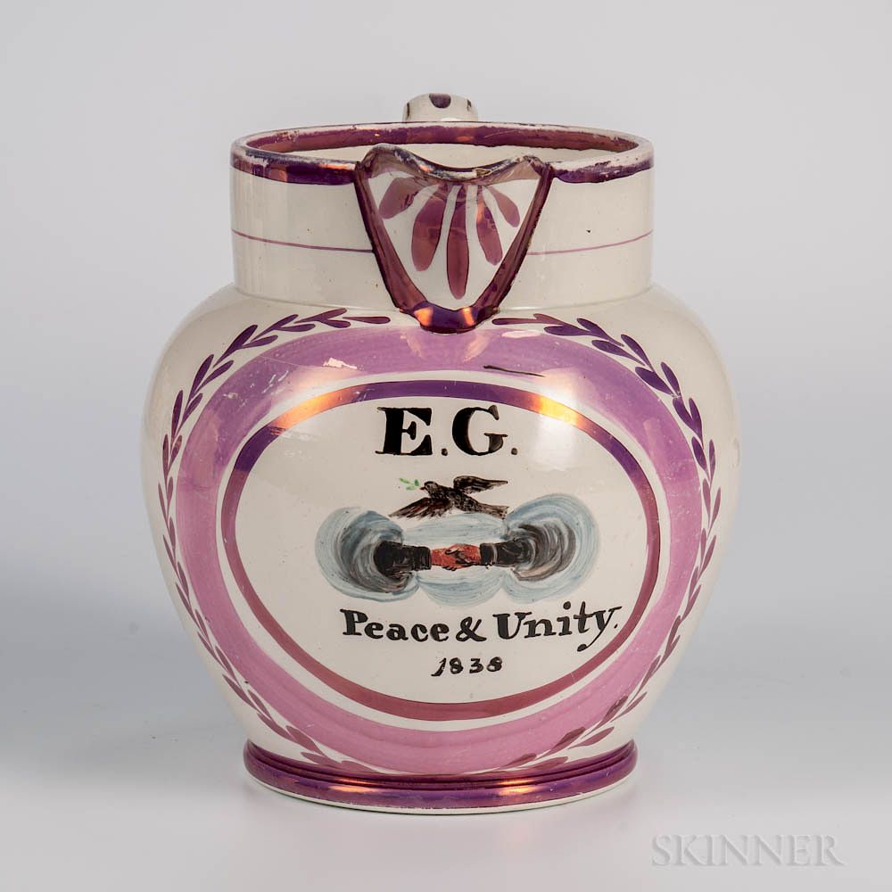 Appraisal: Pink Lustre Decorated Peace Unity Jug Pink Lustre Decorated Peace