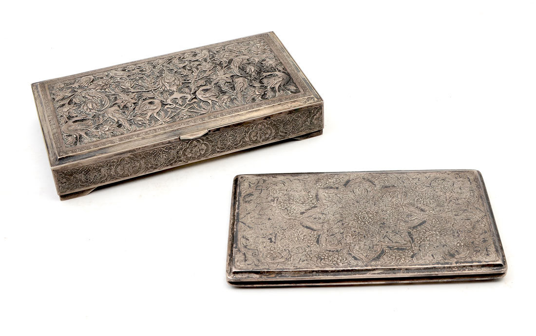 Appraisal: PERSIAN HAND CHASED SILVER BOX AND A CARD CASE pieces