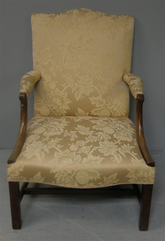 Appraisal: th century upholstered mahogany armchair on square supports and 'H'