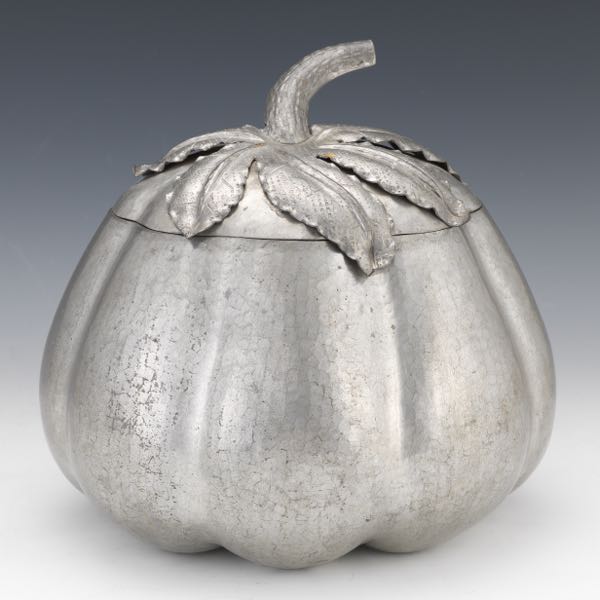 Appraisal: ARTS CRAFTS PUMPKIN SHAPED ICE BUCKET x Hand hammered pewter