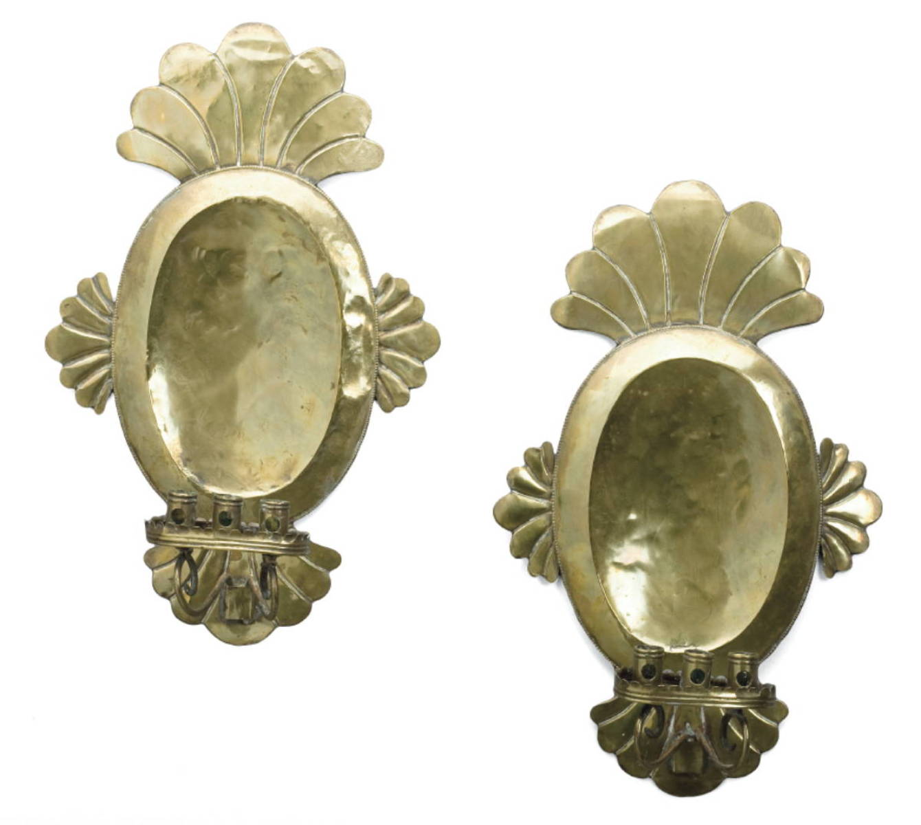 Appraisal: PAIR OF CONTINENTAL BRASS THREE-LIGHT WALL SCONCES The dished oval