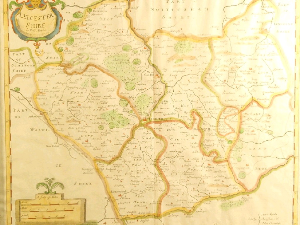 Appraisal: Antiquarian hand coloured engraved map of Leicestershire after Robert Morden