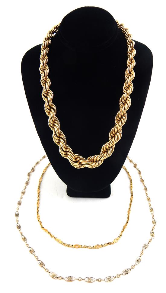 Appraisal: JEWELRY Three K yellow gold chains one hollow graduated rope