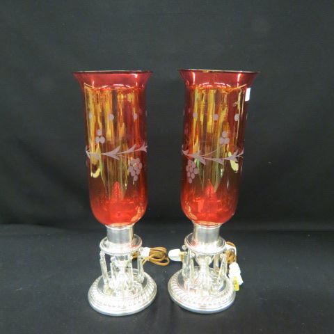 Appraisal: Pair of Sterling Silver Lamps cranberry etched glass hurricane shades