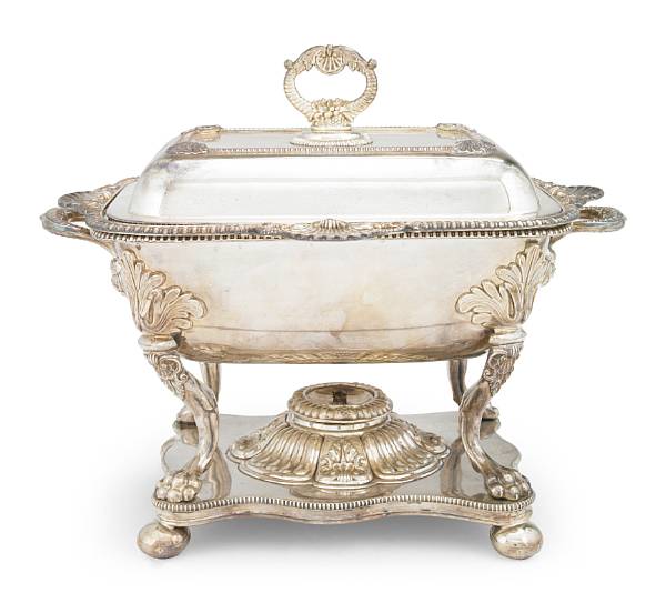 Appraisal: A Sheffield plate covered chafing dish on stand first third