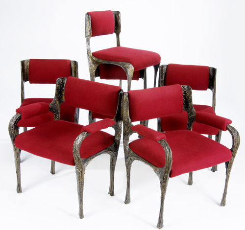 Appraisal: PAUL EVANS Six Sculpted Bronze dining chairs two arm- and