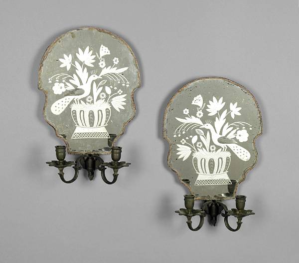 Appraisal: A pair of Dutch brass and etched glass two light