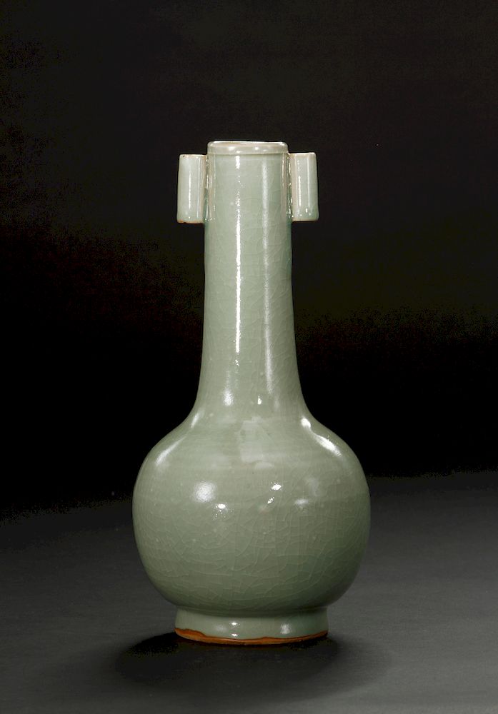 Appraisal: Chinese Lungchuan Celadon Long-Neck Bottle Vase The globular body resting