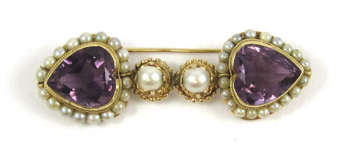 Appraisal: VINTAGE AMETHYST AND PEARL BROOCH k yellow gold set with