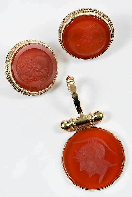 Appraisal: kt Carnelian Set carved carnelian intaglio each stamped K yellow