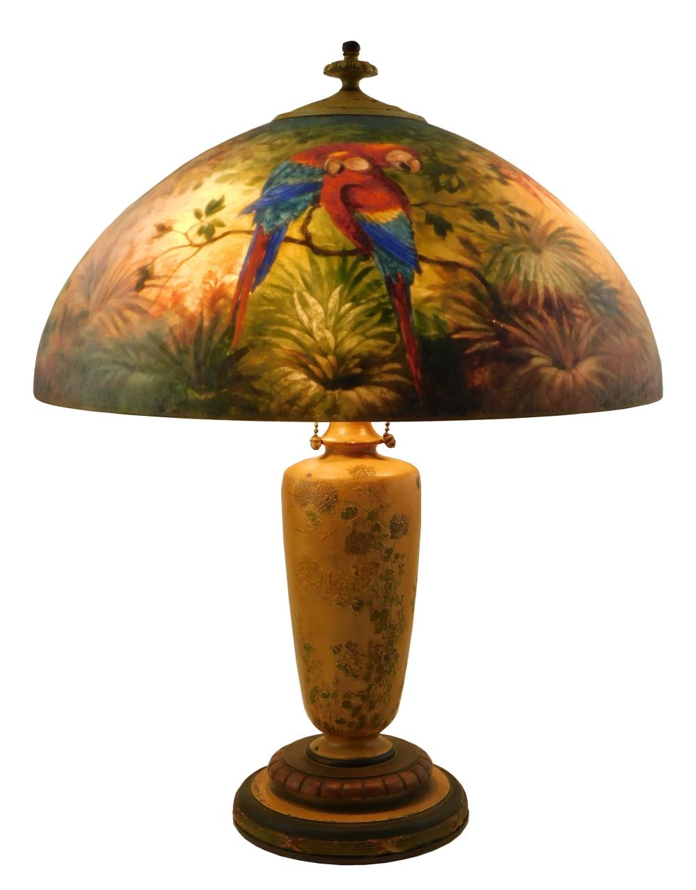 Appraisal: Handel Table Lamp with reverse-painted Scarlet Macaw Shade Meriden Connecticut