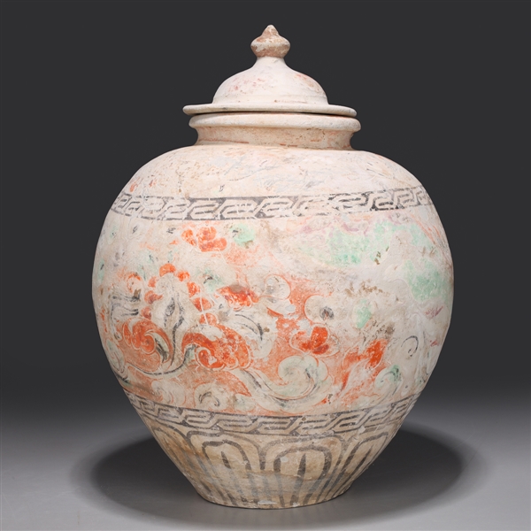 Appraisal: Chinese Tang Dynasty painted pottery covered jar with unusual orange