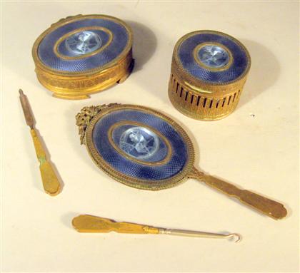 Appraisal: French gilt metal and blue enamel vanity set first quarter