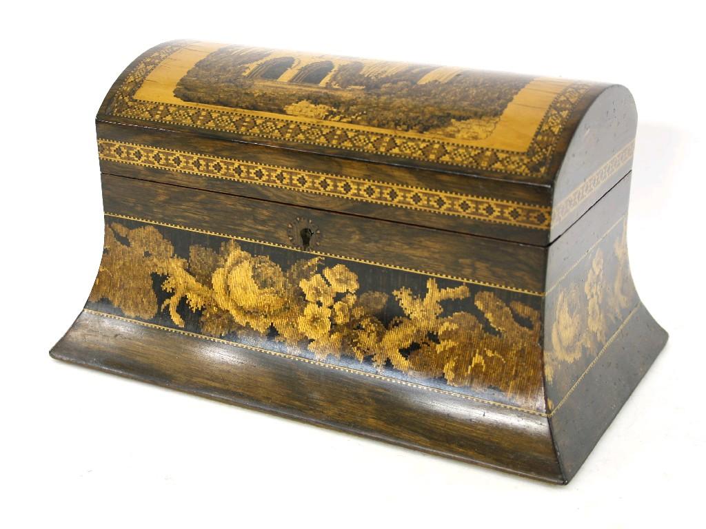 Appraisal: Tunbridge Ware tea caddy the hinged dome top inlaid with