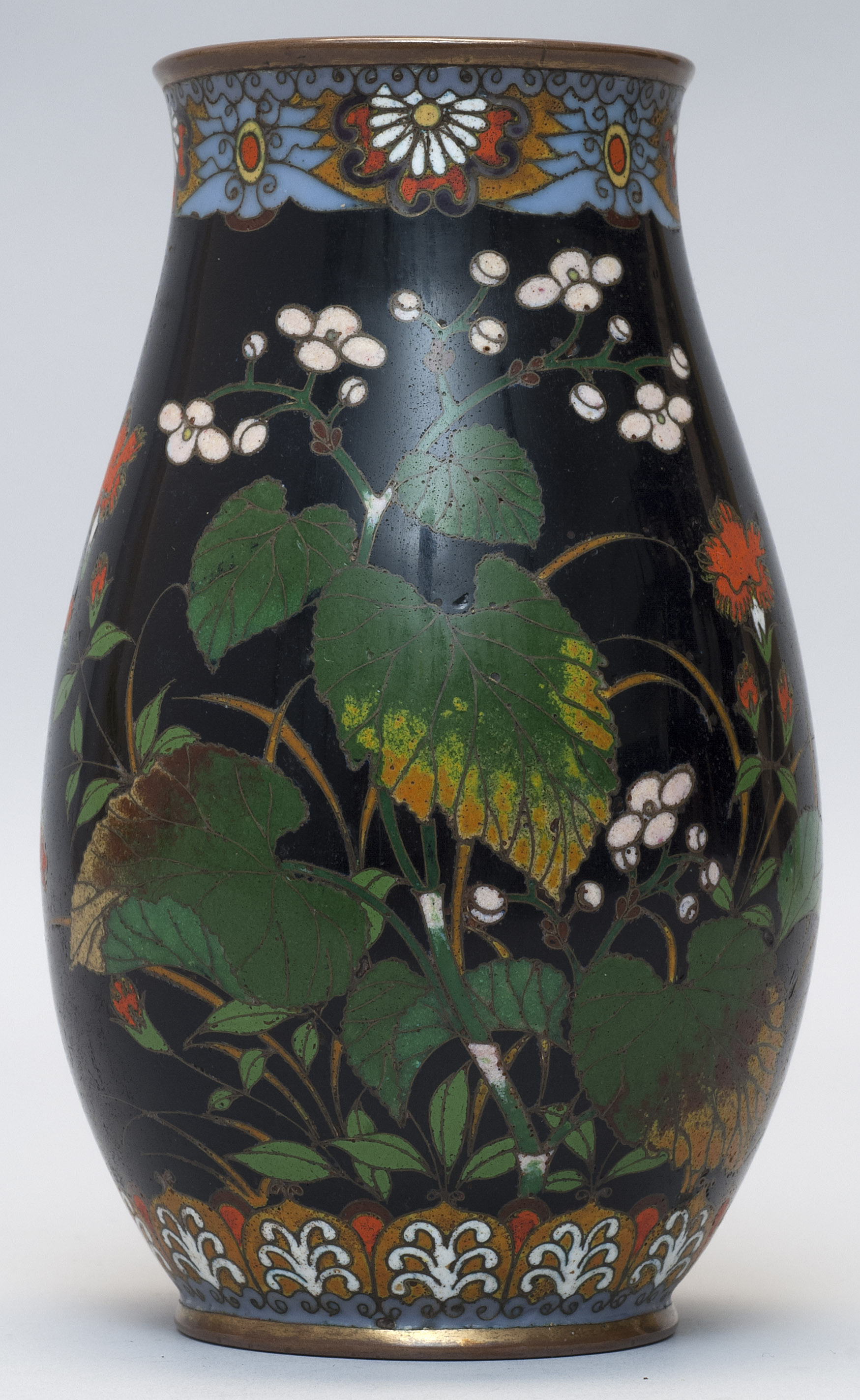 Appraisal: CLOISONN ENAMEL VASE Meiji PeriodIn pear shape with butterfly and