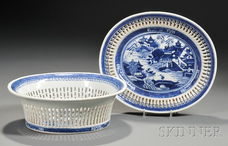 Appraisal: Oval Canton Reticulated Porcelain Fruit Bowl with Matching Undertray China