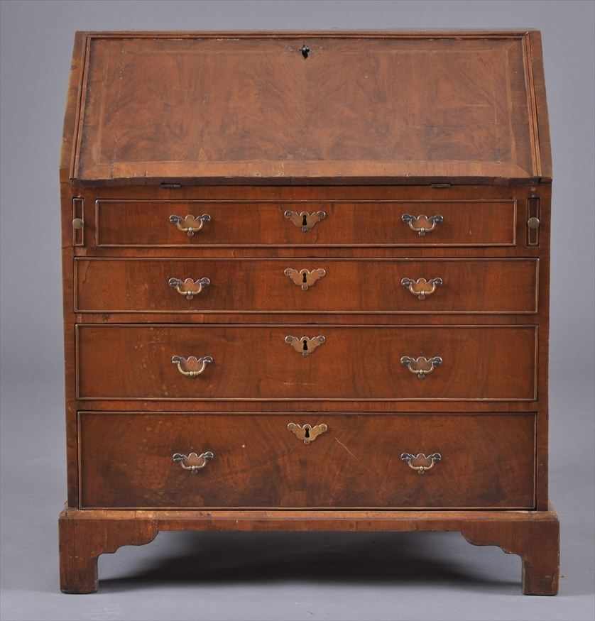 Appraisal: GEORGE I INLAID WALNUT SLANT-FRONT DESK The cross and feather-banded