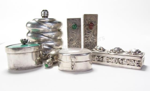 Appraisal: Seven Sterling containers including sterling pill box with malachite lid