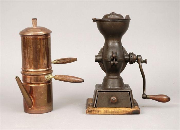 Appraisal: Cast-Iron Coffee Grinder Together with a copper espresso pot grinder