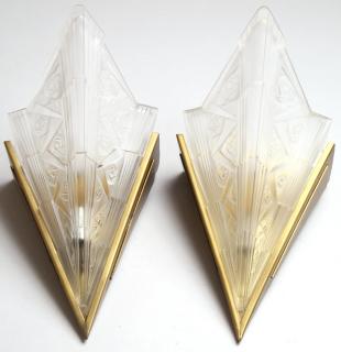 Appraisal: Pair of Art Deco The inverted brass triangular base supporting