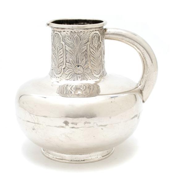 Appraisal: Silver Handled Pitcher maker unknown of vasiform the neck decorated