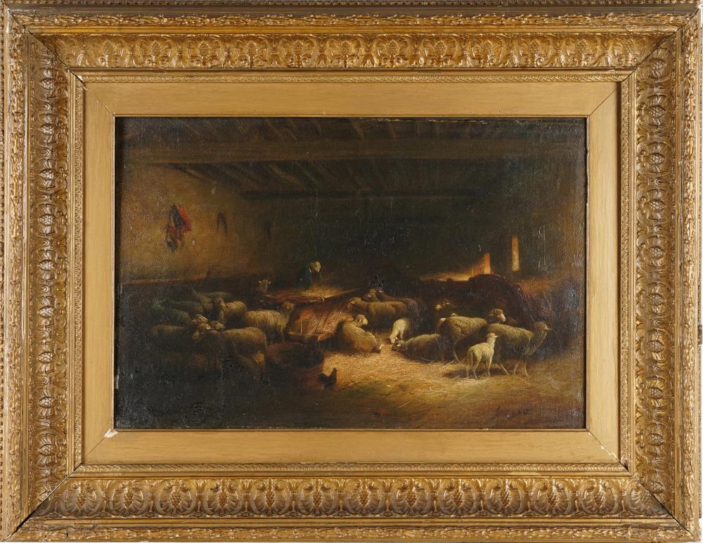 Appraisal: CHARLES EMILE JACQUE - SHEPHERD WITH FLOCKoil on canvas signed