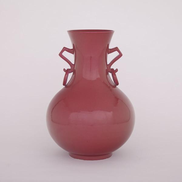 Appraisal: Ruby Glazed Ring-Handled Vase Kangxi Mark Republican Period Rising from