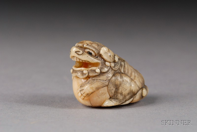 Appraisal: Marine Ivory Netsuke th century shishi with a ball signed