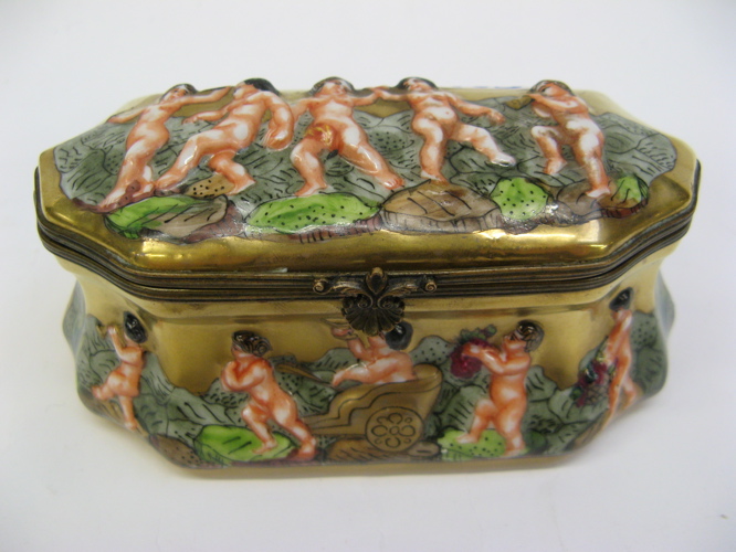 Appraisal: FRENCH TH CENTURY PORCELAIN VALUABLES BOX raised cherubs in the