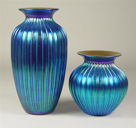 Appraisal: Two Lundberg Studios Blue Lustre Ribbed Vases In iridescent blues