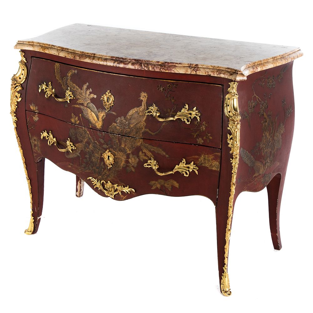 Appraisal: Louis XV Style Chinoiserie Marble Top Commode Variegated shaped marble