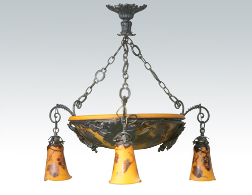 Appraisal: ANDRE DELATTE Art Nouveau cameo glass and wrought-iron three-light chandelier