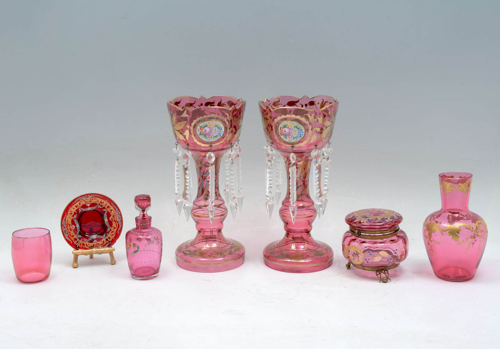 Appraisal: CRANBERRY GLASS COLLECTION Comprising Pr Cranberry Lusters Enameled Cranberry Powder