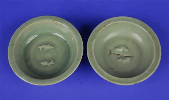 Appraisal: TWO CHINESE LONGQUAN CELADON BOWLS Song Dynasty with fish decoration