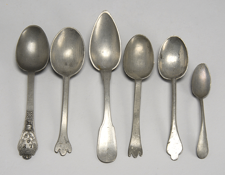 Appraisal: FIVE BRITISH PEWTER TABLESPOONS AND A TEASPOON Longest length