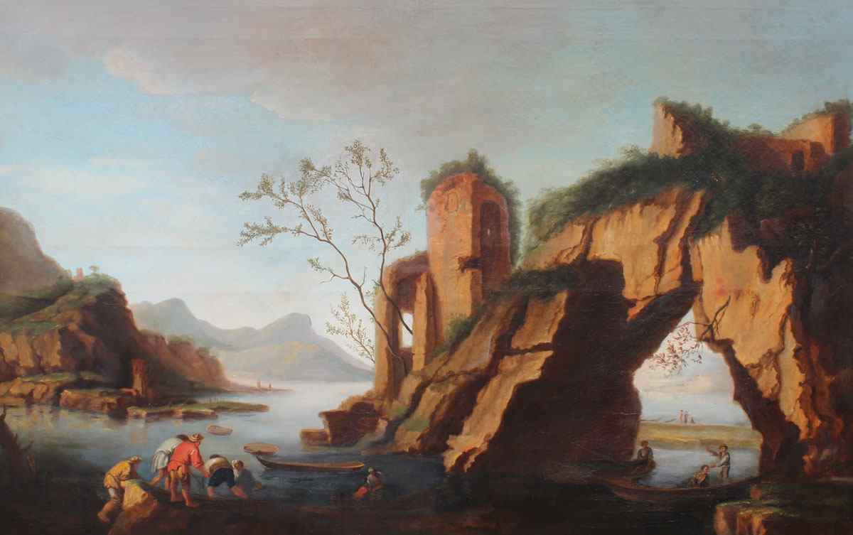 Appraisal: ITALIANATE HARBOR PAINTING WITH GROTTO AND FIGURES AFTER VERNET OIL