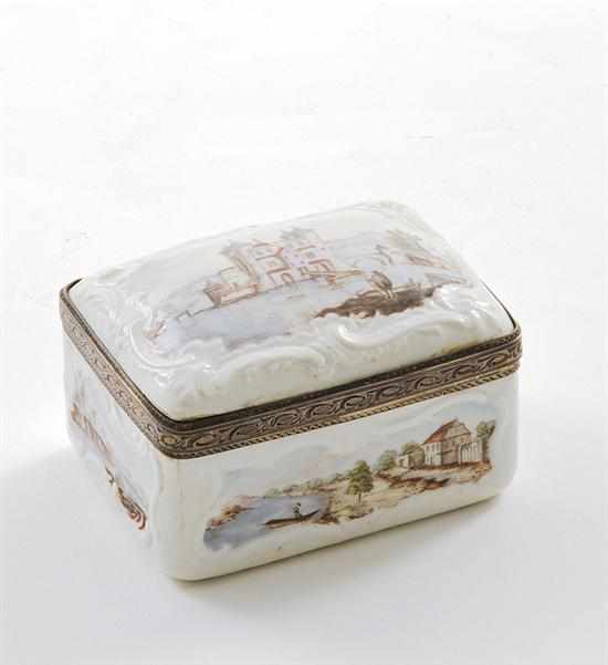 Appraisal: German porcelain metal-mounted snuff box possibly Meissen circa rectangular hinged