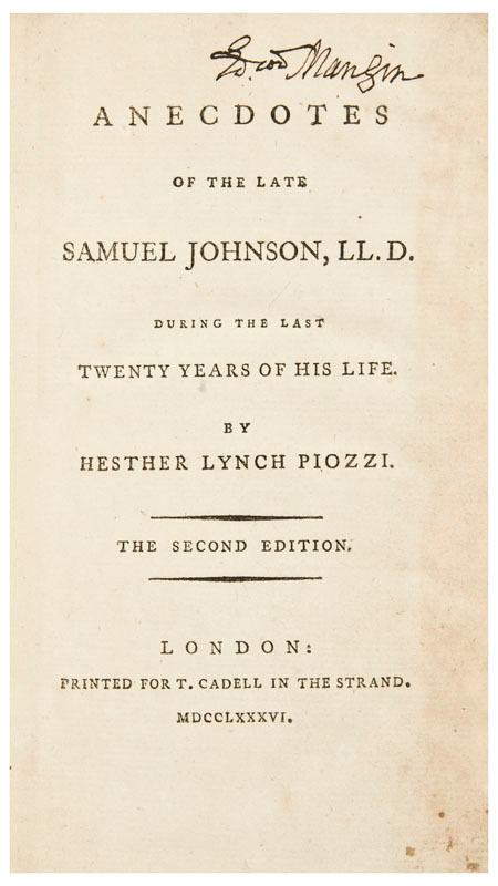 Appraisal: PIOZZI Hester Lynch Thrale - Anecdotes of the late Samuel