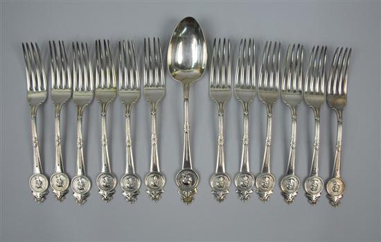 Appraisal: TWELVE AMERICAN SILVER MEDALLION DINNER FORKS Gorham maker and a