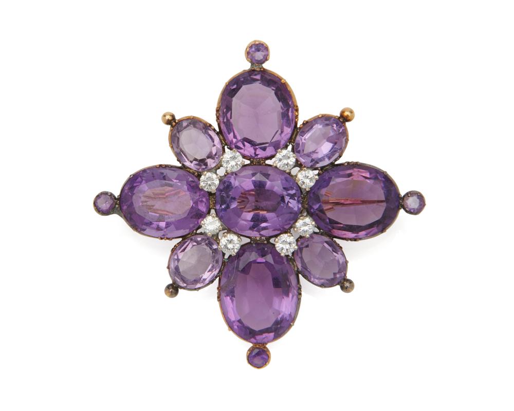 Appraisal: K Gold Amethyst and Diamond Brooch the flower-form broch featuring