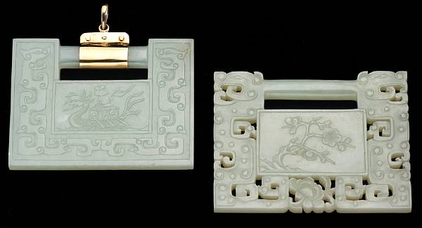 Appraisal: Two pale greenish-white jade lock-shaped amulets th Century The first