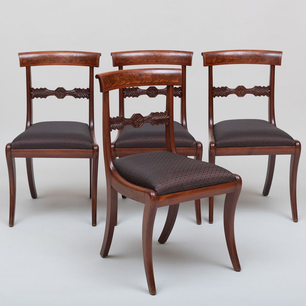 Appraisal: Set of Four Federal Carved Mahogany Side Chairs Upholstered in