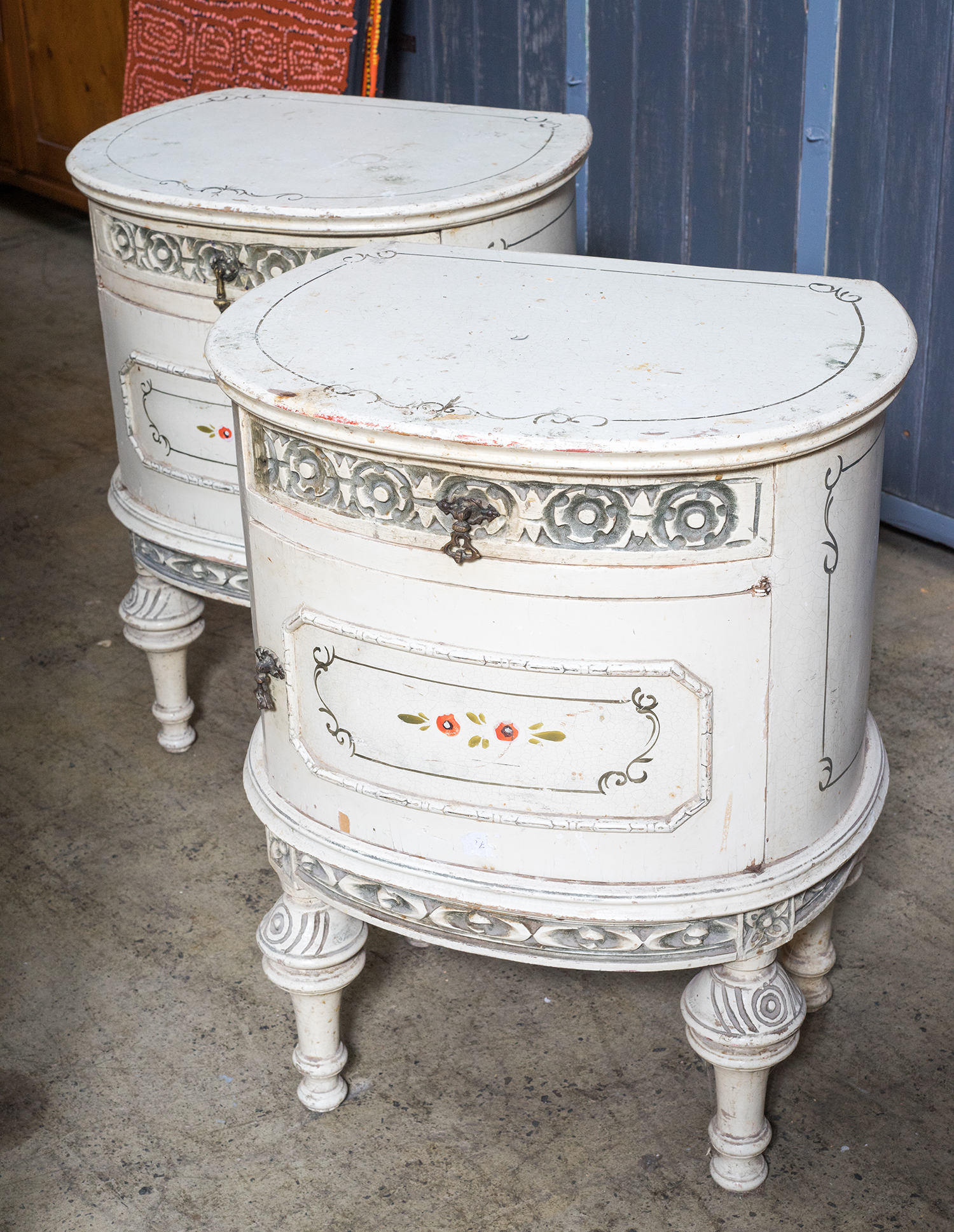 Appraisal: A PAIR OF EARLY th CENTURY FRENCH HAND PAINTED BEDSIDE