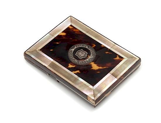 Appraisal: A Mother-of-Pearl and Silver Inlaid Tortoise Shell Veneered Card Case