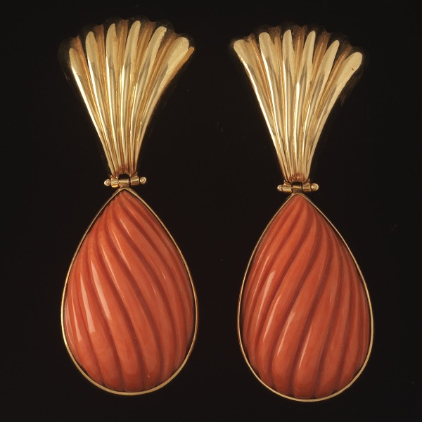 Appraisal: PAIR OF CARVED CORAL EARRINGS - x Ribbed carved teardrop