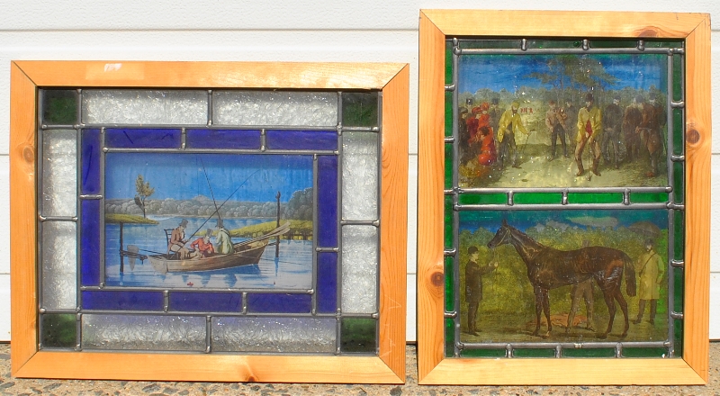 Appraisal: - Two framed leaded glass panels one of fishing on