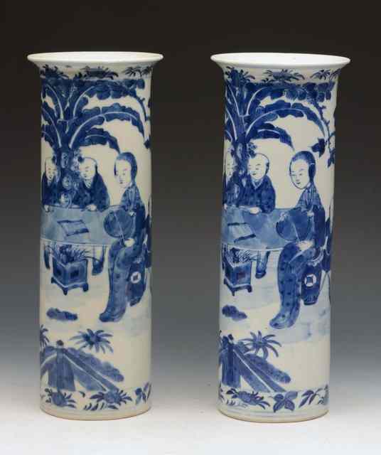 Appraisal: A PAIR OF CHINESE BLUE AND WHITE PORCELAIN CYLINDRICAL VASES