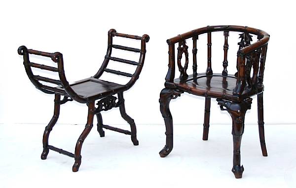 Appraisal: An Asian style hardwood armchair together with bench th century