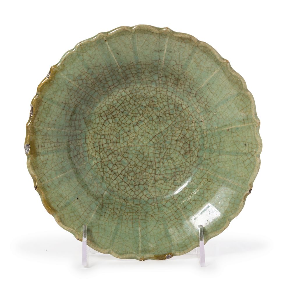 Appraisal: A Celadon Crackled Glazed Porcelain Floriform Dish Diam in cm