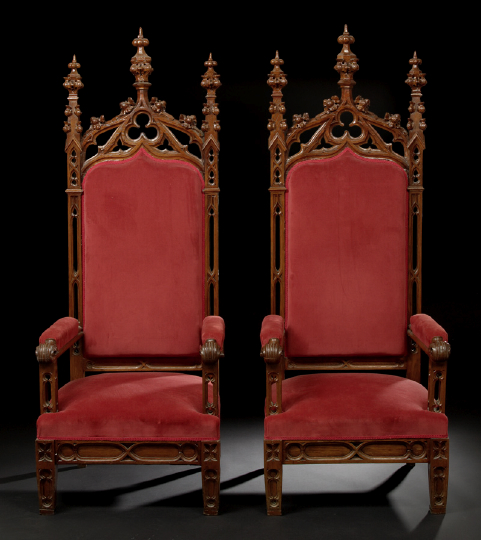 Appraisal: Important Pair of American Gothic Revival Oak Armchairs mid- th